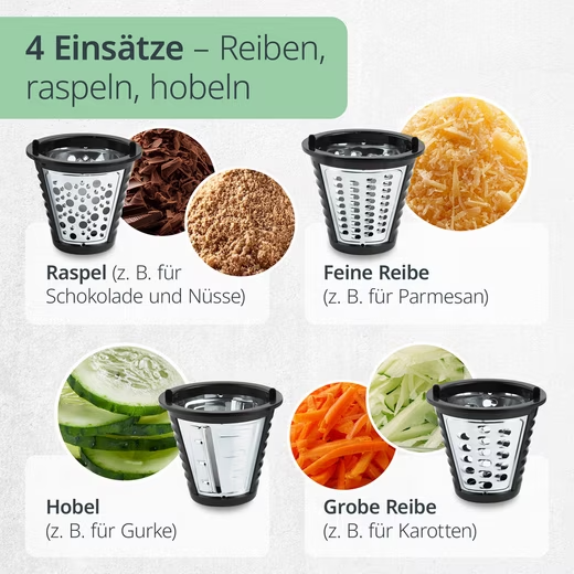 ADE Elektrische Küchenreibe Gemüseschneider Gemüsehobel Raspel 500W - 4 Einsätze