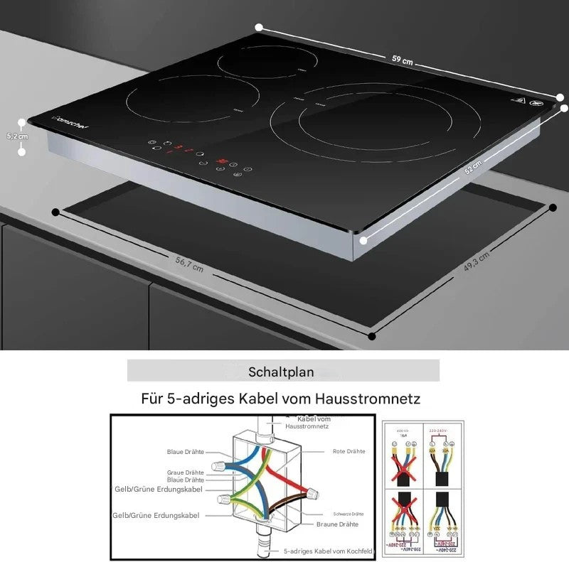 AMZCHEF Herdplatte 3 kochfelder Glaskeramikkochfeld 60cm 5400W mit 9 Stufen