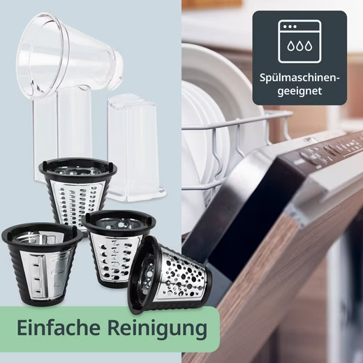 ADE Elektrische Küchenreibe Gemüseschneider Gemüsehobel Raspel 500W - 4 Einsätze