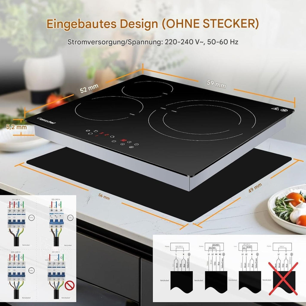 AMZCHEF Herdplatte 3 kochfelder Glaskeramikkochfeld 60cm 5400W mit 9 Stufen