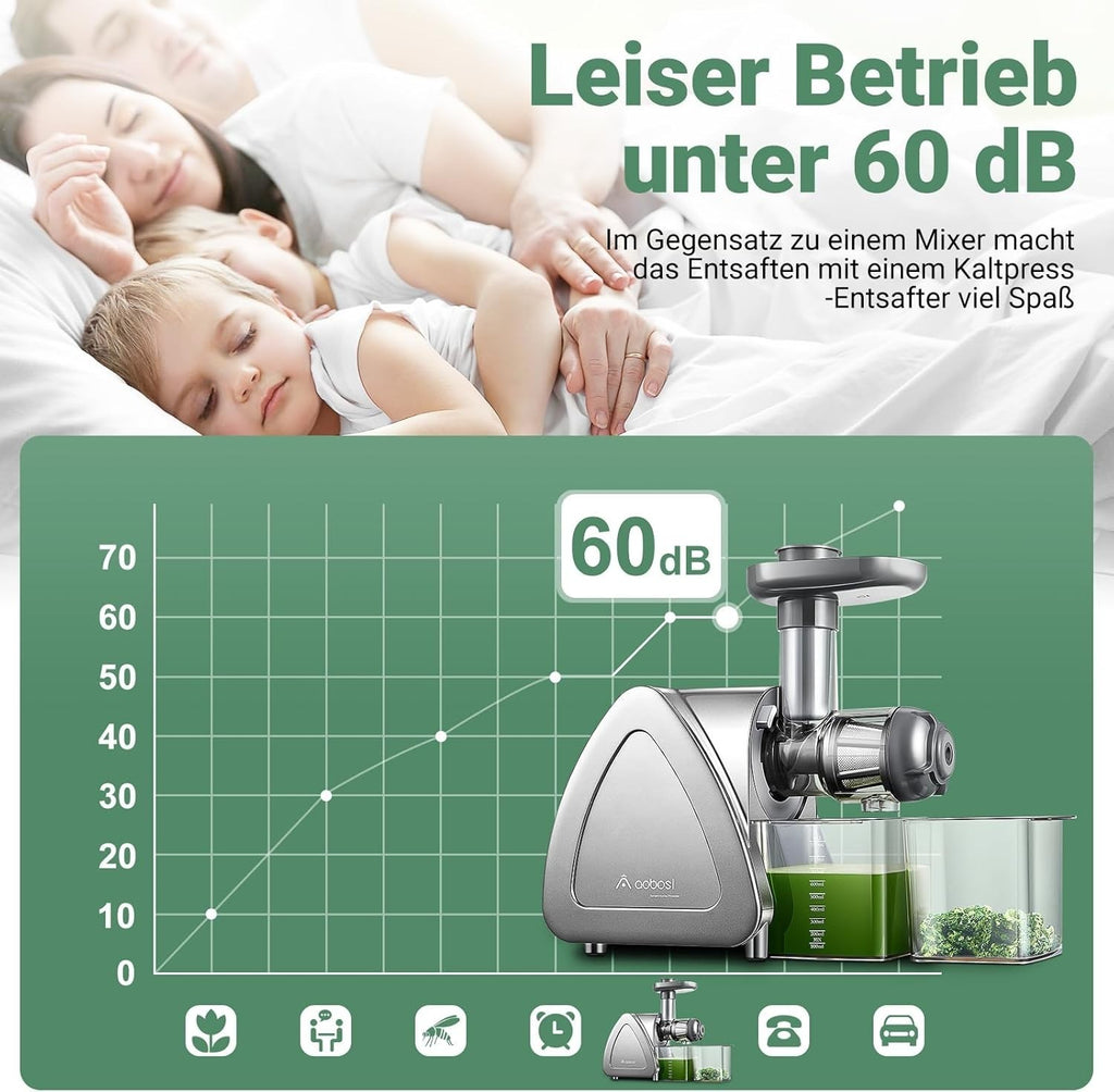 Aobosi Slow Juicer AMR520 Kaltentsafter mit 8-stufiger Schnecke 95 % Saftausbeute 55 mm Einfüllschacht leiser 150 W Motor BPA-frei für Obst und Gemüse