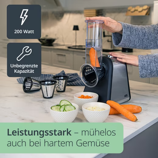 ADE Elektrische Küchenreibe Gemüseschneider Gemüsehobel Raspel 500W - 4 Einsätze