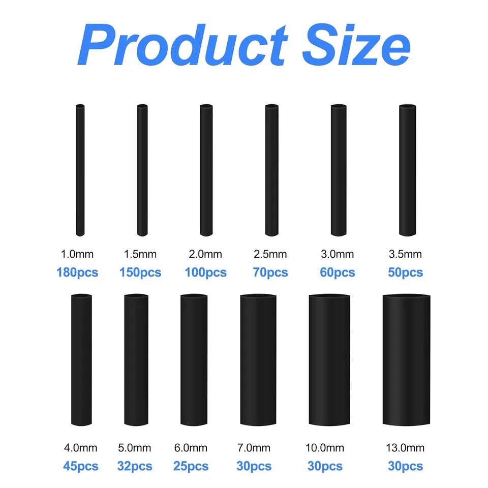 Schrumpfschlauch Set 900 Stück Schwarz 2:1, PE Schrumpfschlauch Sortiment 1–13 mm für Kabelisolierung, Reparatur & DIY