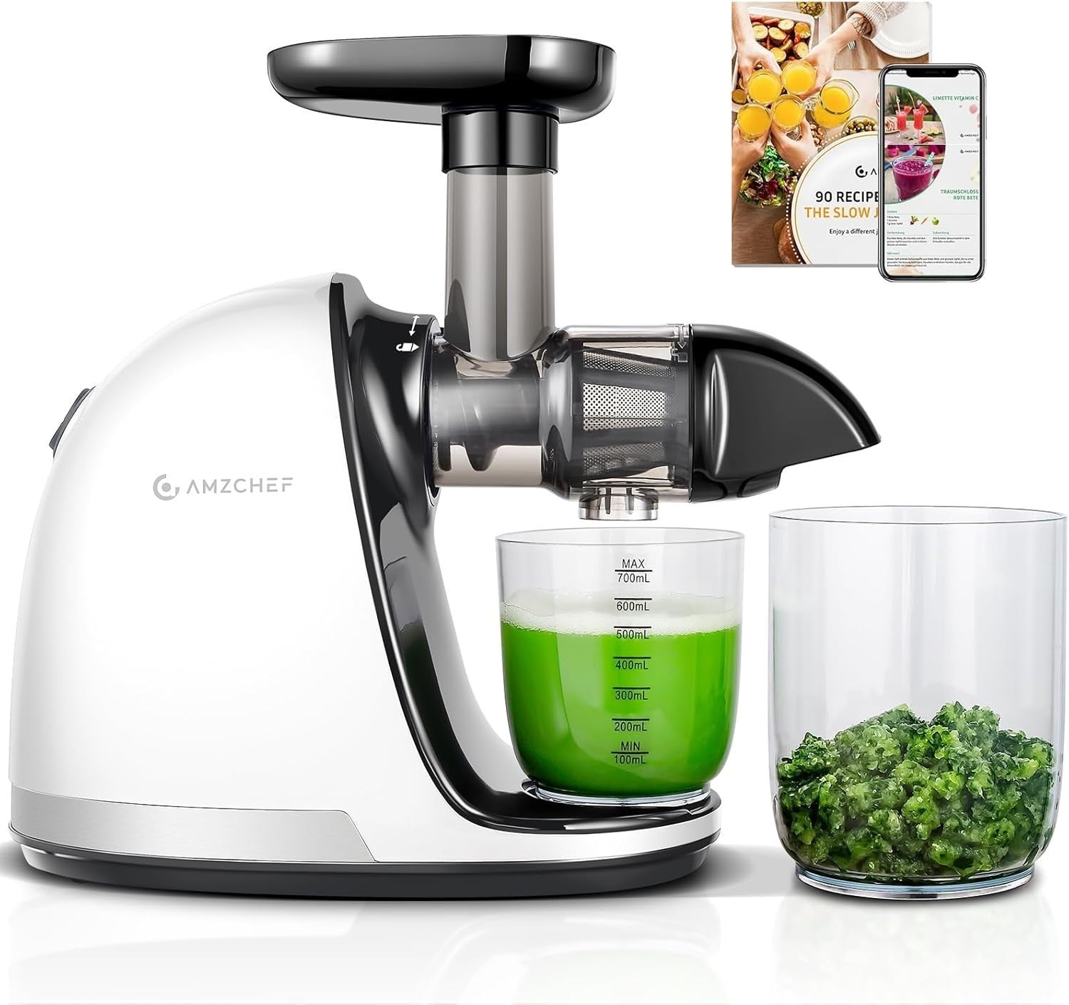 AMZCHEF Slow Juicer ZM1501 Entsafter 4 in 1 mit Schneckentechnologie nährstoffschonend Edelstahlfilter für Obst und Gemüse klarer Saft