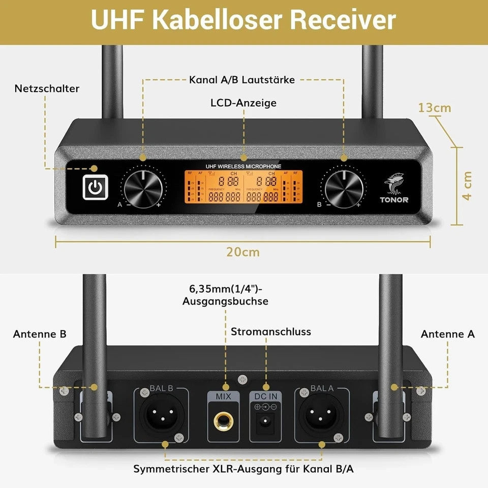 TONOR TW820 Kit Microphones sans Fil 2 Micros Portables Entièrement Métalliques Sans Fil Portée 60m Écran LCD pour Karaoké Mariage Conférence Fête