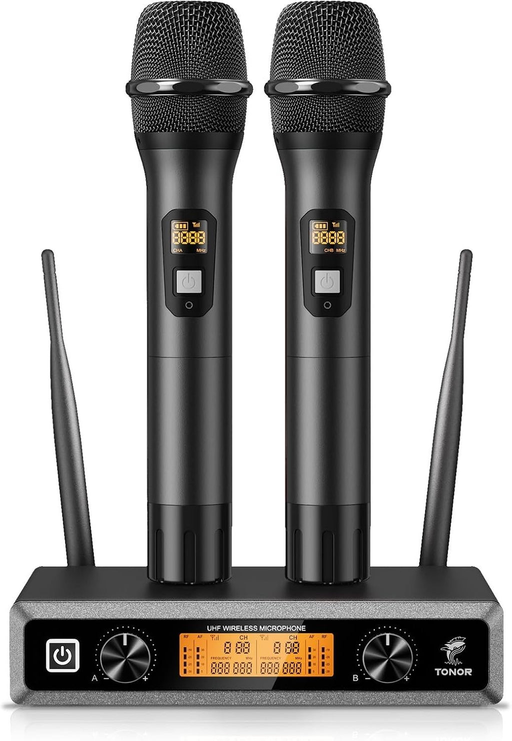 TONOR TW820 Kit Microphones sans Fil 2 Micros Portables Entièrement Métalliques Sans Fil Portée 60m Écran LCD pour Karaoké Mariage Conférence Fête