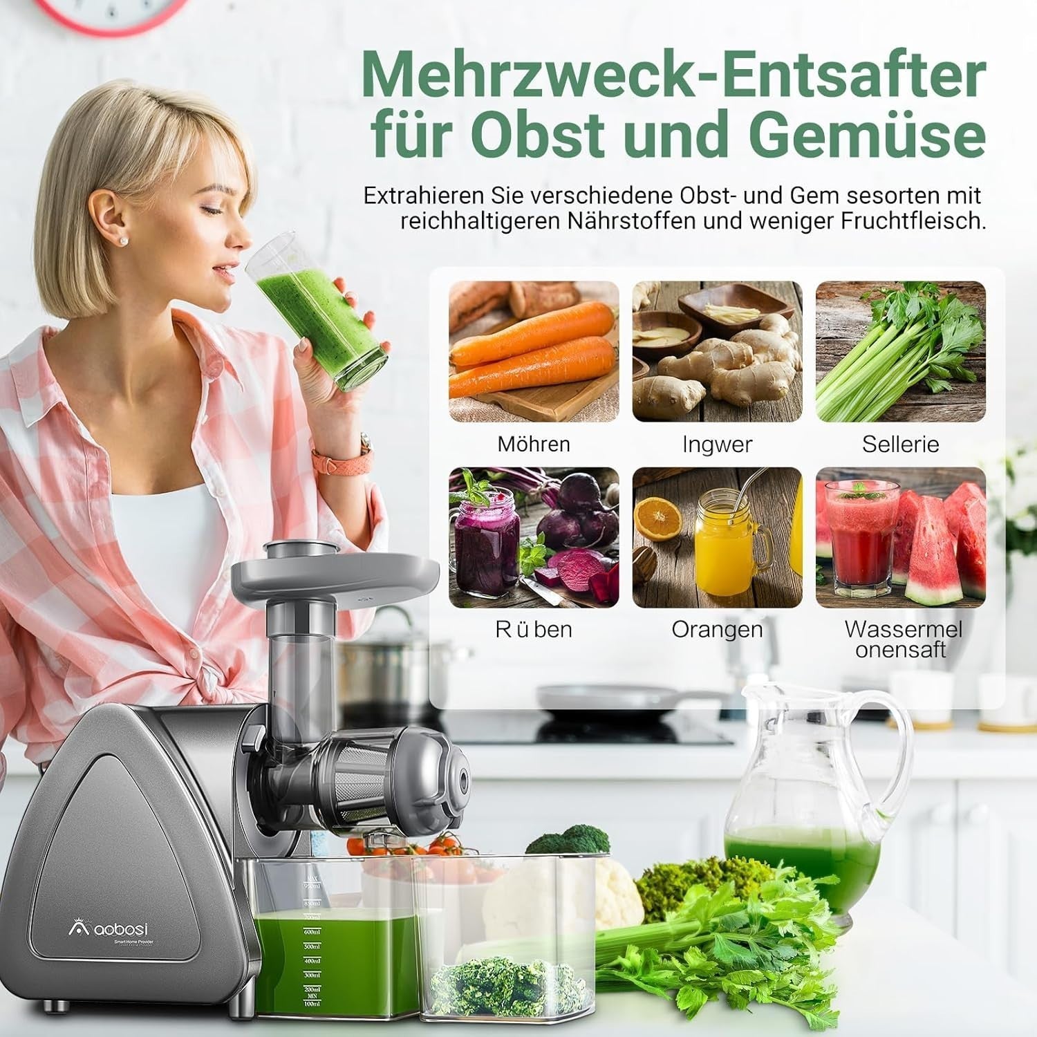 Aobosi Slow Juicer AMR520 Kaltentsafter mit 8-stufiger Schnecke 95 % Saftausbeute 55 mm Einfüllschacht leiser 150 W Motor BPA-frei für Obst und Gemüse