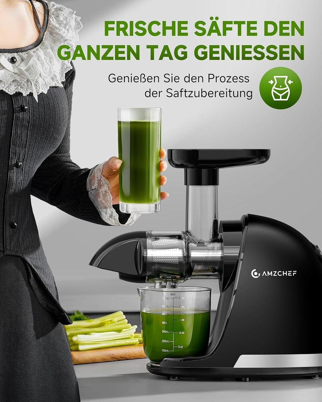 AMZCHEF Slow Juicer ZM1501 Entsafter 4 in 1 mit Schneckentechnologie nährstoffschonend Edelstahlfilter für Obst und Gemüse klarer Saft