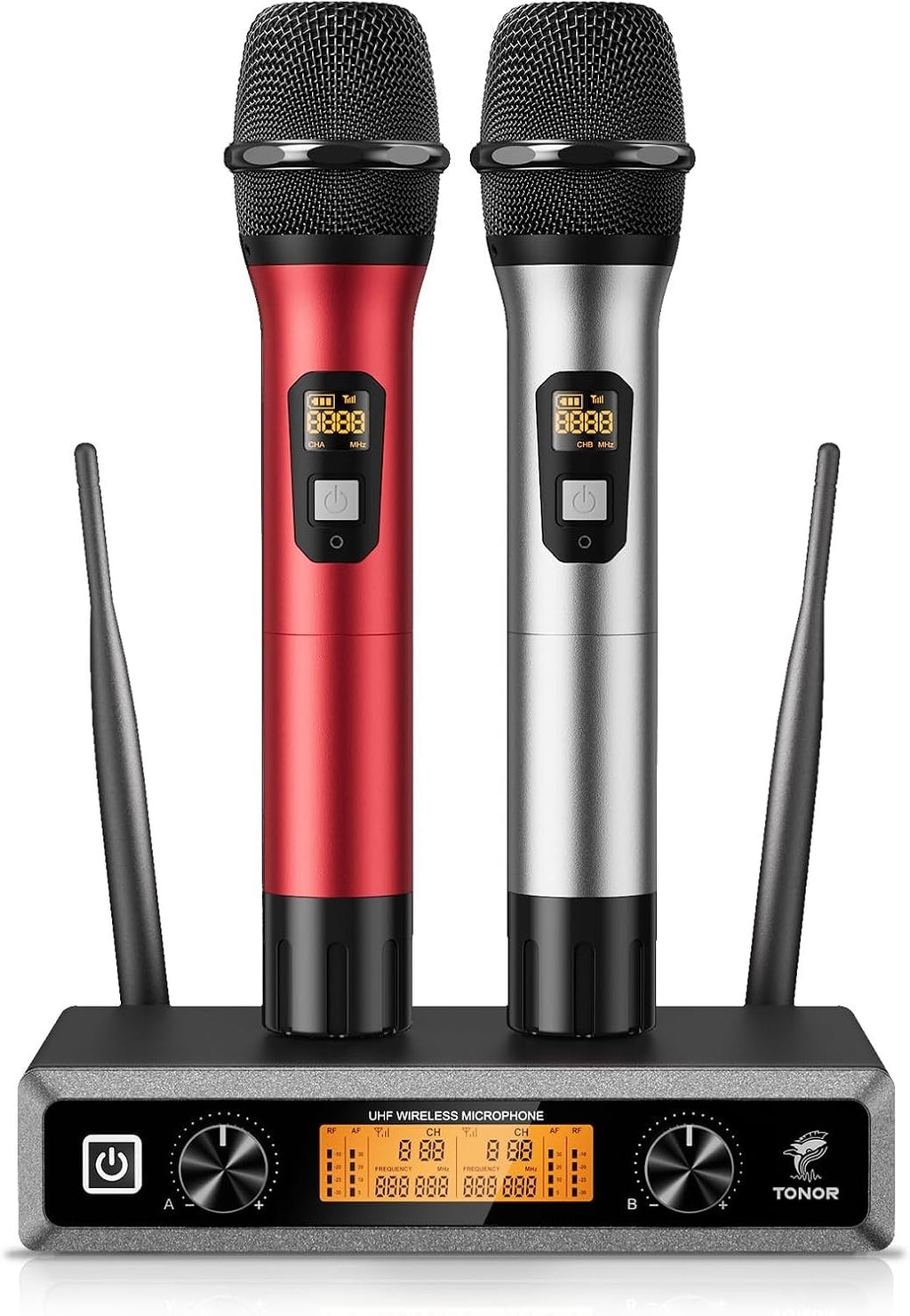 TONOR TW820 Kit Microphones sans Fil 2 Micros Portables Entièrement Métalliques Sans Fil Portée 60m Écran LCD pour Karaoké Mariage Conférence Fête