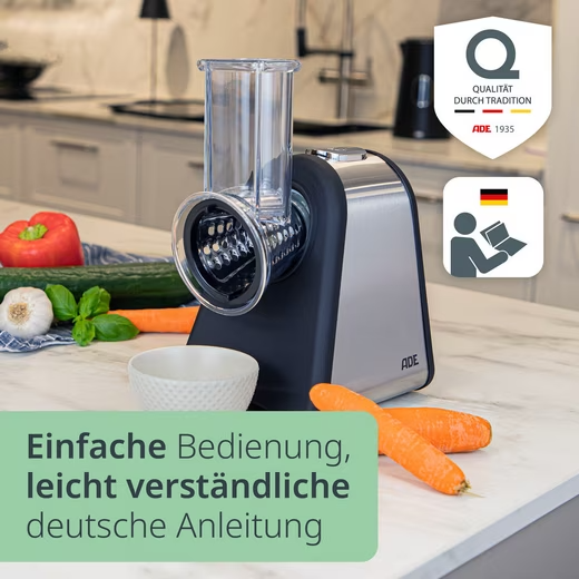ADE Elektrische Küchenreibe Gemüseschneider Gemüsehobel Raspel 500W - 4 Einsätze