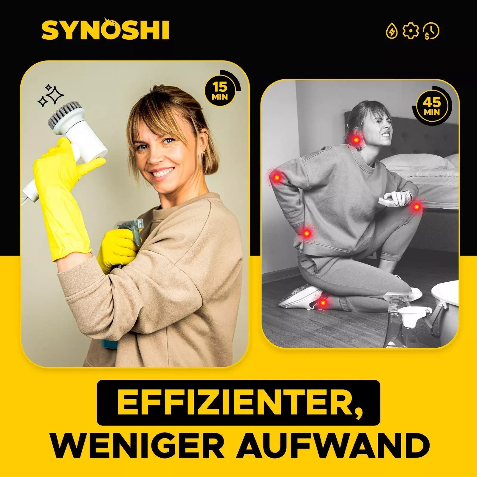 Synoshi Elektrische Reinigungsbürste Power Spin Scrubber 3 Bürstenaufsätze Akku