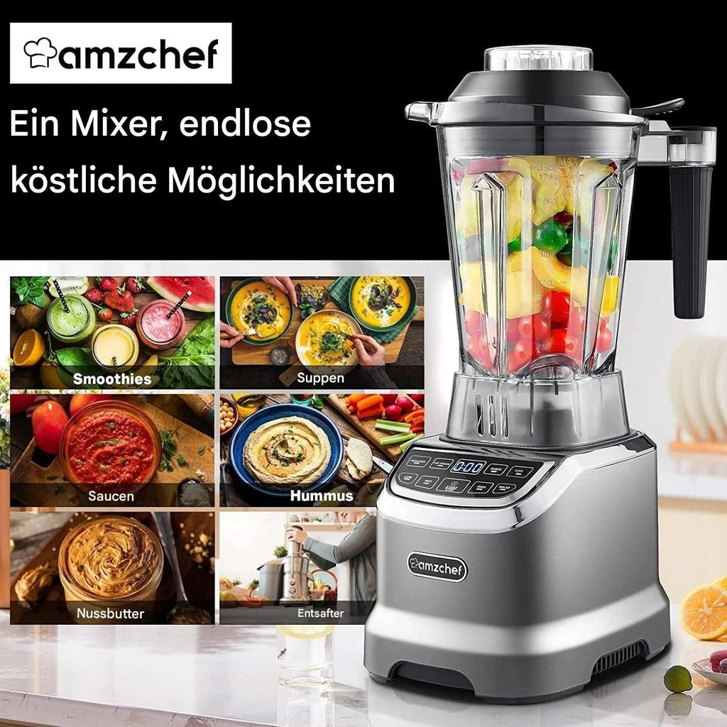 Standmixer 2000 W Amzchef ZM5003 Hochleistungsmixer mit 1,85 L Behälter und 600 ml Mixflasche, 6 Edelstahlklingen, 22.000 U/min, 4 Programme, BPA frei, LED Display