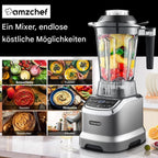 Standmixer 2000 W Amzchef ZM5003 Hochleistungsmixer mit 1,85 L Behälter und 600 ml Mixflasche, 6 Edelstahlklingen, 22.000 U/min, 4 Programme, BPA frei, LED Display