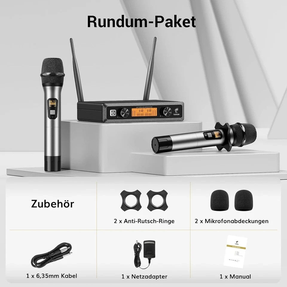 TONOR TW820 Kit Microphones sans Fil 2 Micros Portables Entièrement Métalliques Sans Fil Portée 60m Écran LCD pour Karaoké Mariage Conférence Fête