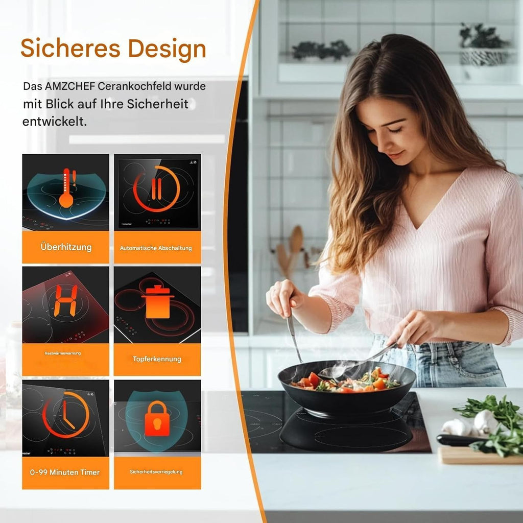 AMZCHEF Herdplatte 3 kochfelder Glaskeramikkochfeld 60cm 5400W mit 9 Stufen