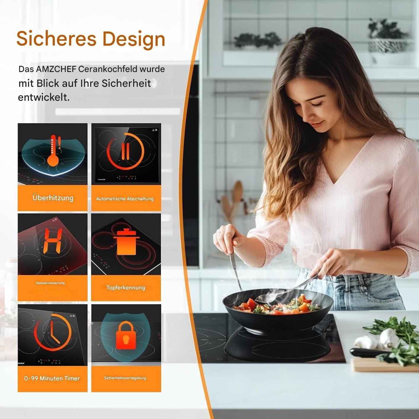 AMZCHEF Herdplatte 3 kochfelder Glaskeramikkochfeld 60cm 5400W mit 9 Stufen