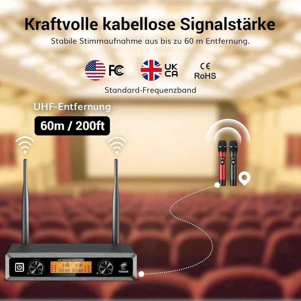 TONOR TW820 Kit Microphones sans Fil 2 Micros Portables Entièrement Métalliques Sans Fil Portée 60m Écran LCD pour Karaoké Mariage Conférence Fête