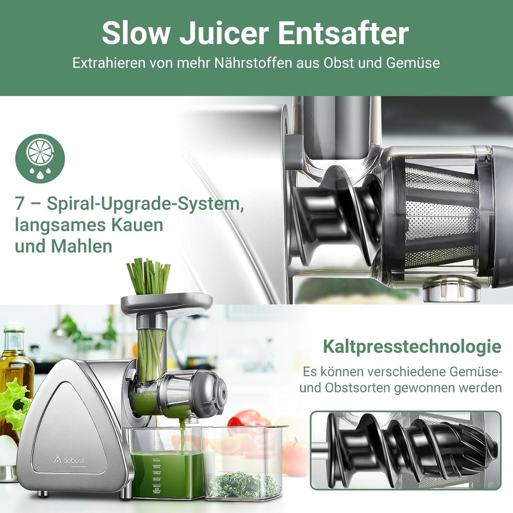 Aobosi Slow Juicer AMR520 Kaltentsafter mit 8-stufiger Schnecke 95 % Saftausbeute 55 mm Einfüllschacht leiser 150 W Motor BPA-frei für Obst und Gemüse