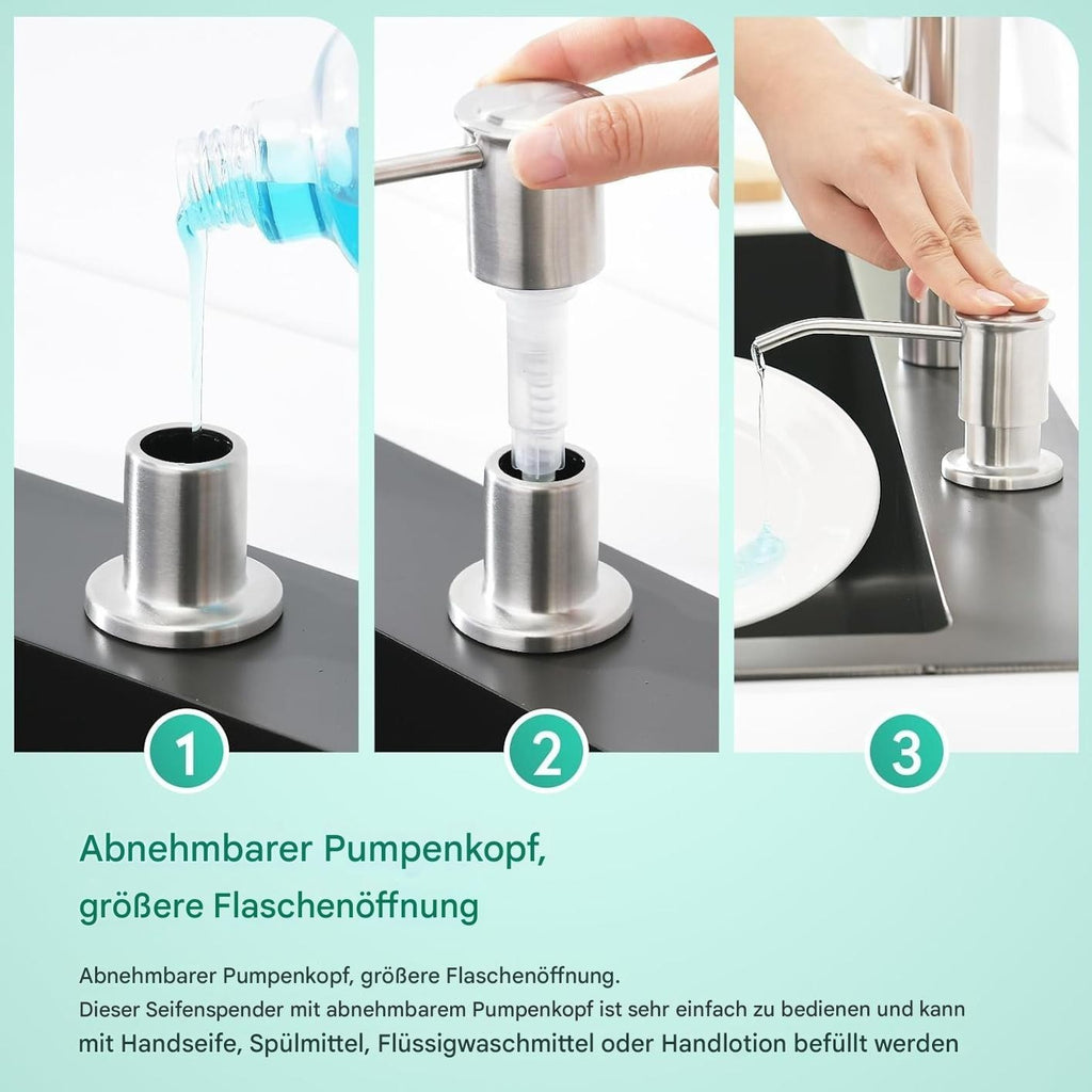 CREA Seifenspender Einbau Küche, Bad 500ml Flasche 1m Schlauch drehbar Edelstahl