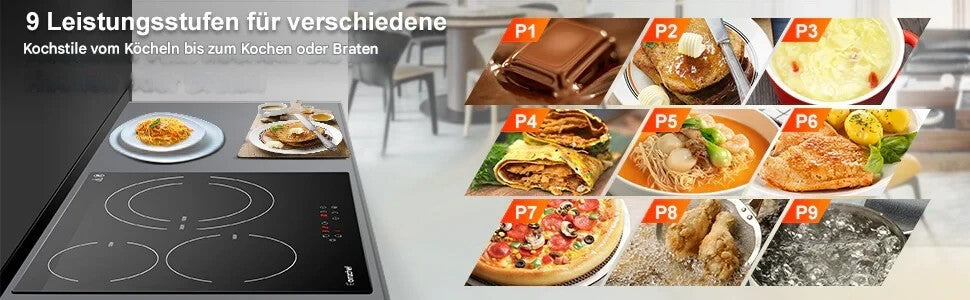 AMZCHEF Herdplatte 3 kochfelder Glaskeramikkochfeld 60cm 5400W mit 9 Stufen