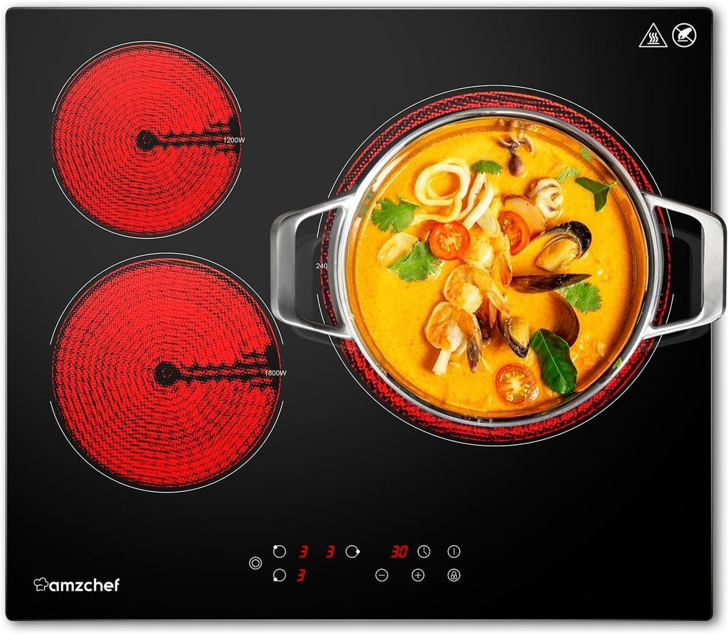 AMZCHEF Herdplatte 3 kochfelder Glaskeramikkochfeld 60cm 5400W mit 9 Stufen