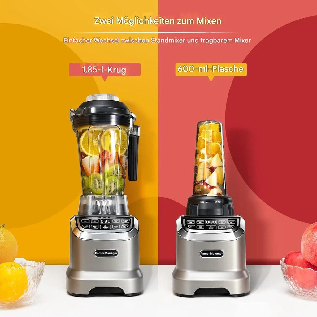 Standmixer 2000 W Amzchef ZM5003 Hochleistungsmixer mit 1,85 L Behälter und 600 ml Mixflasche, 6 Edelstahlklingen, 22.000 U/min, 4 Programme, BPA frei, LED Display