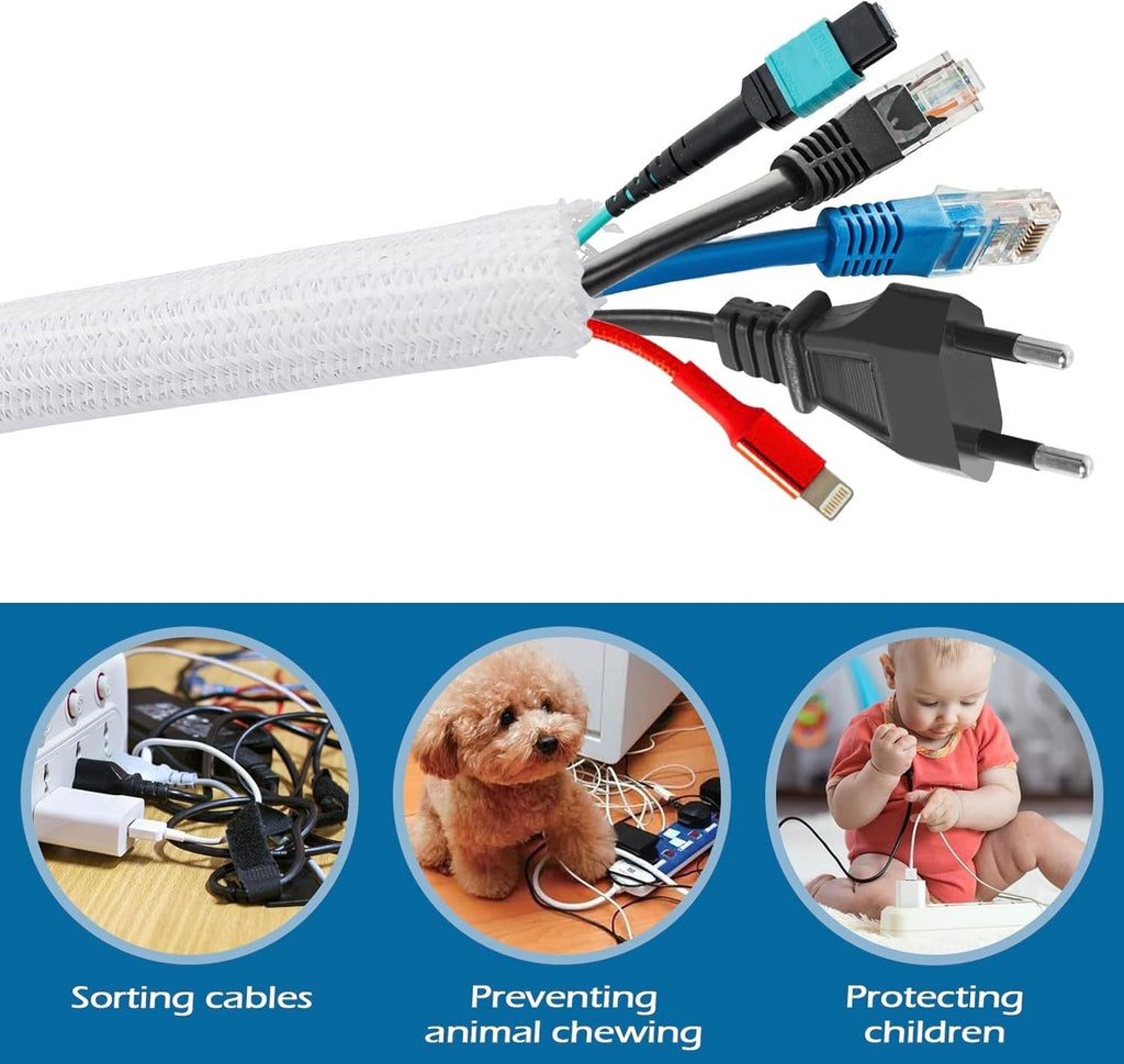Kabelschutzschlauch Weiß 3 m Ø 13 mm, selbstschließende PET Kabelhülle, Kabelorganizer schwer entflammbar, hitzebeständig & kürzbar für Haushalt, Büro, Fahrzeug