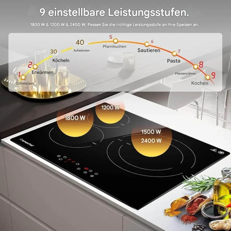 AMZCHEF Herdplatte 3 kochfelder Glaskeramikkochfeld 60cm 5400W mit 9 Stufen