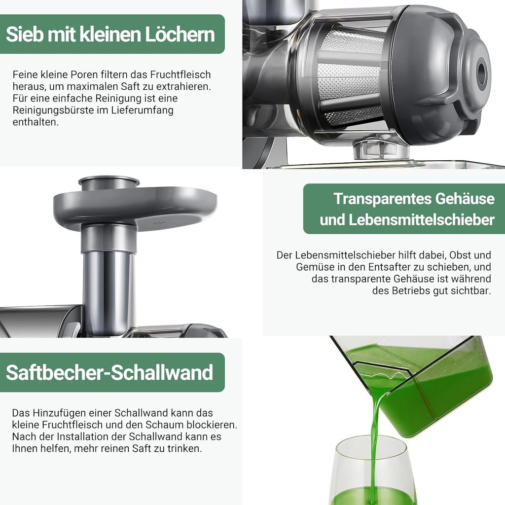 Aobosi Slow Juicer AMR520 Kaltentsafter mit 8-stufiger Schnecke 95 % Saftausbeute 55 mm Einfüllschacht leiser 150 W Motor BPA-frei für Obst und Gemüse