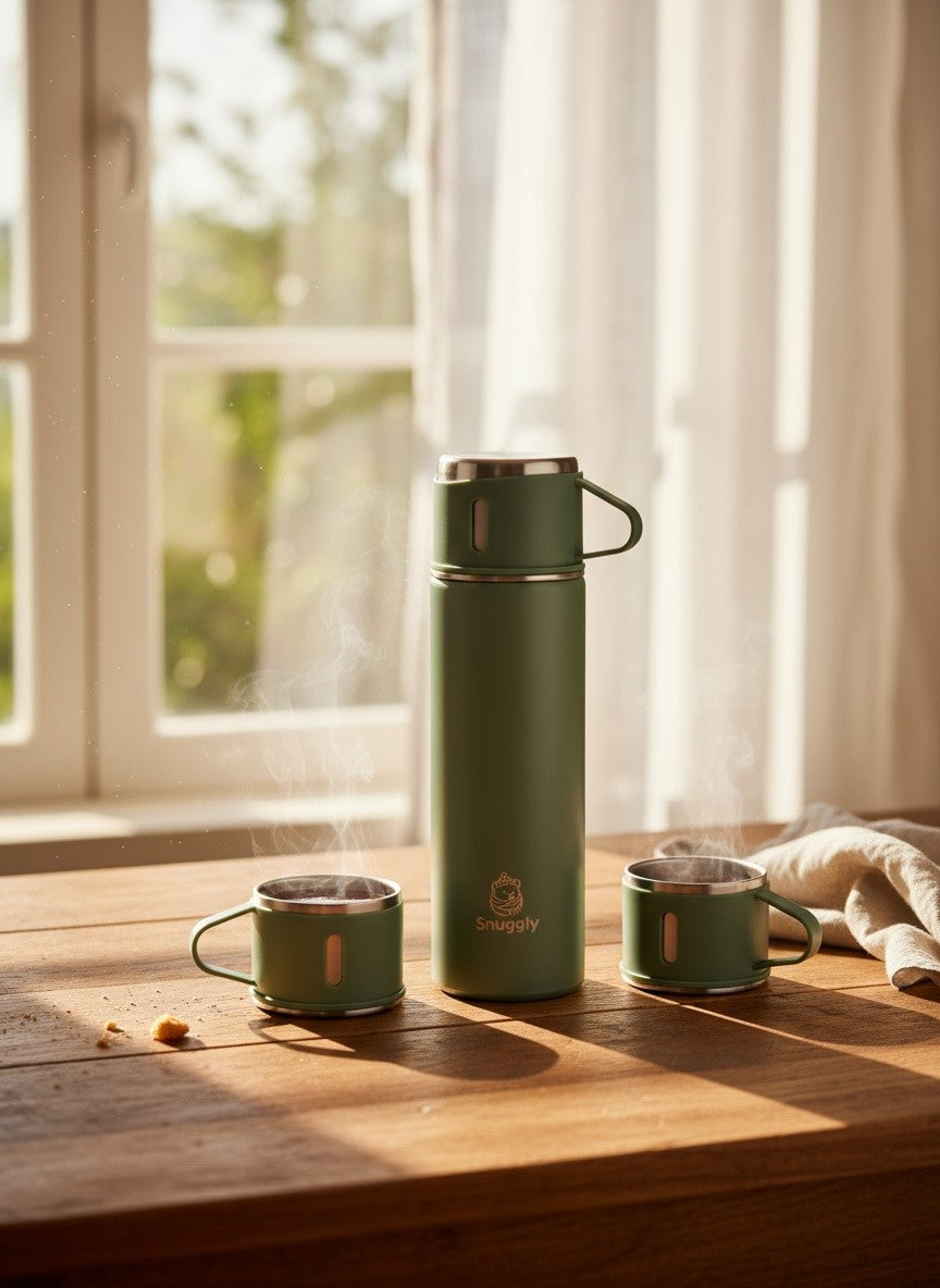 Snuggly Thermosflasche 500 ml Edelstahl doppelwandig mit 3 Bechern, 12h warm & kalt, auslaufsicher, Soft-Touch