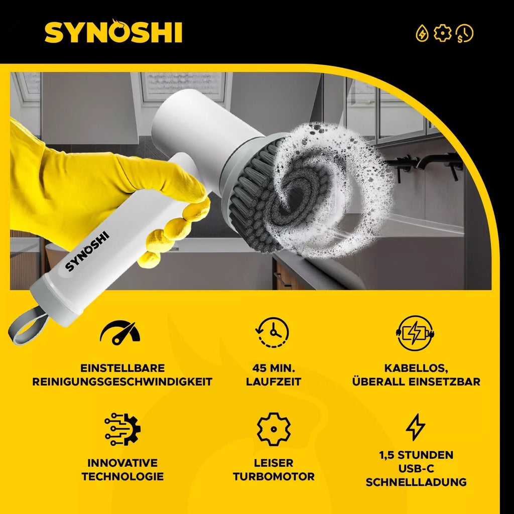 Synoshi Elektrische Reinigungsbürste Power Spin Scrubber 3 Bürstenaufsätze Akku
