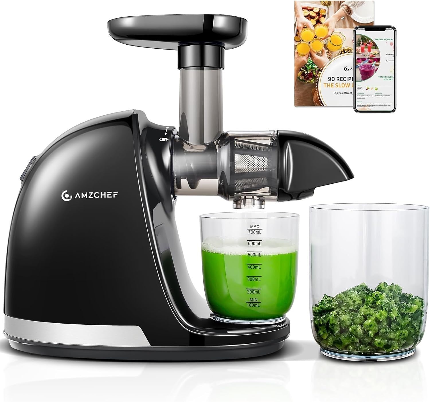 AMZCHEF Slow Juicer ZM1501 Entsafter 4 in 1 mit Schneckentechnologie nährstoffschonend Edelstahlfilter für Obst und Gemüse klarer Saft