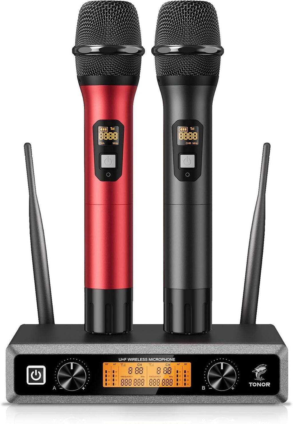 TONOR TW820 Kit Microphones sans Fil 2 Micros Portables Entièrement Métalliques Sans Fil Portée 60m Écran LCD pour Karaoké Mariage Conférence Fête