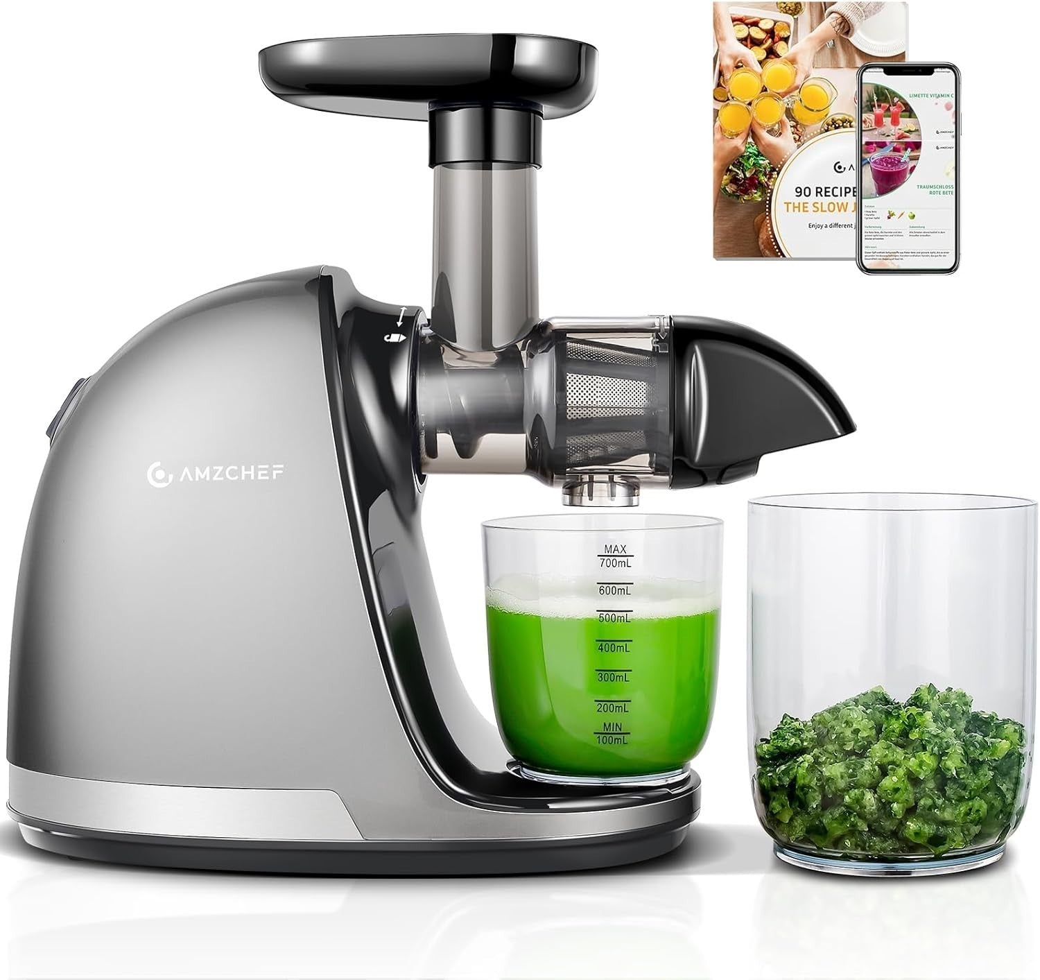 AMZCHEF Slow Juicer ZM1501 Entsafter 4 in 1 mit Schneckentechnologie nährstoffschonend Edelstahlfilter für Obst und Gemüse klarer Saft