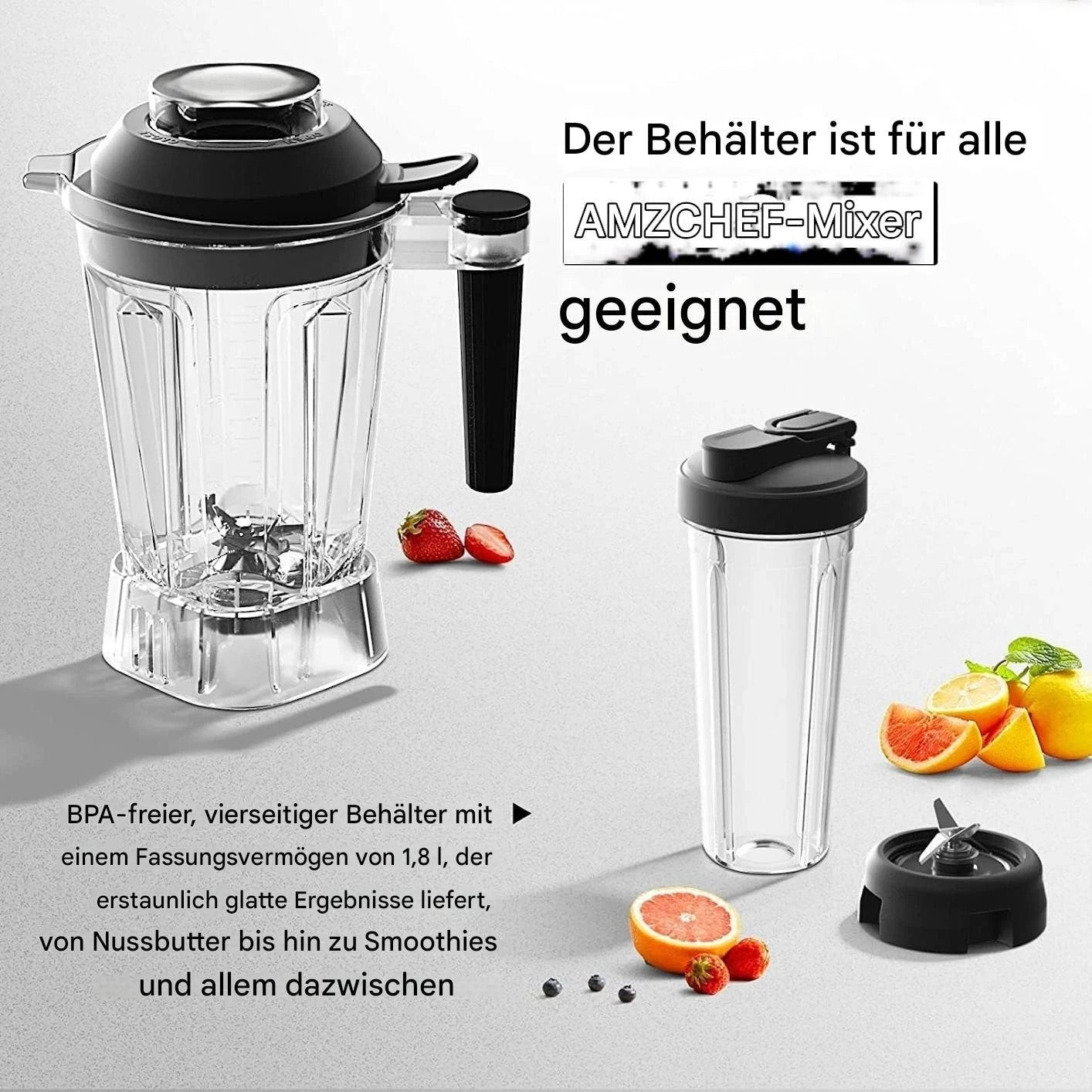 Standmixer 2000 W Amzchef ZM5003 Hochleistungsmixer mit 1,85 L Behälter und 600 ml Mixflasche, 6 Edelstahlklingen, 22.000 U/min, 4 Programme, BPA frei, LED Display