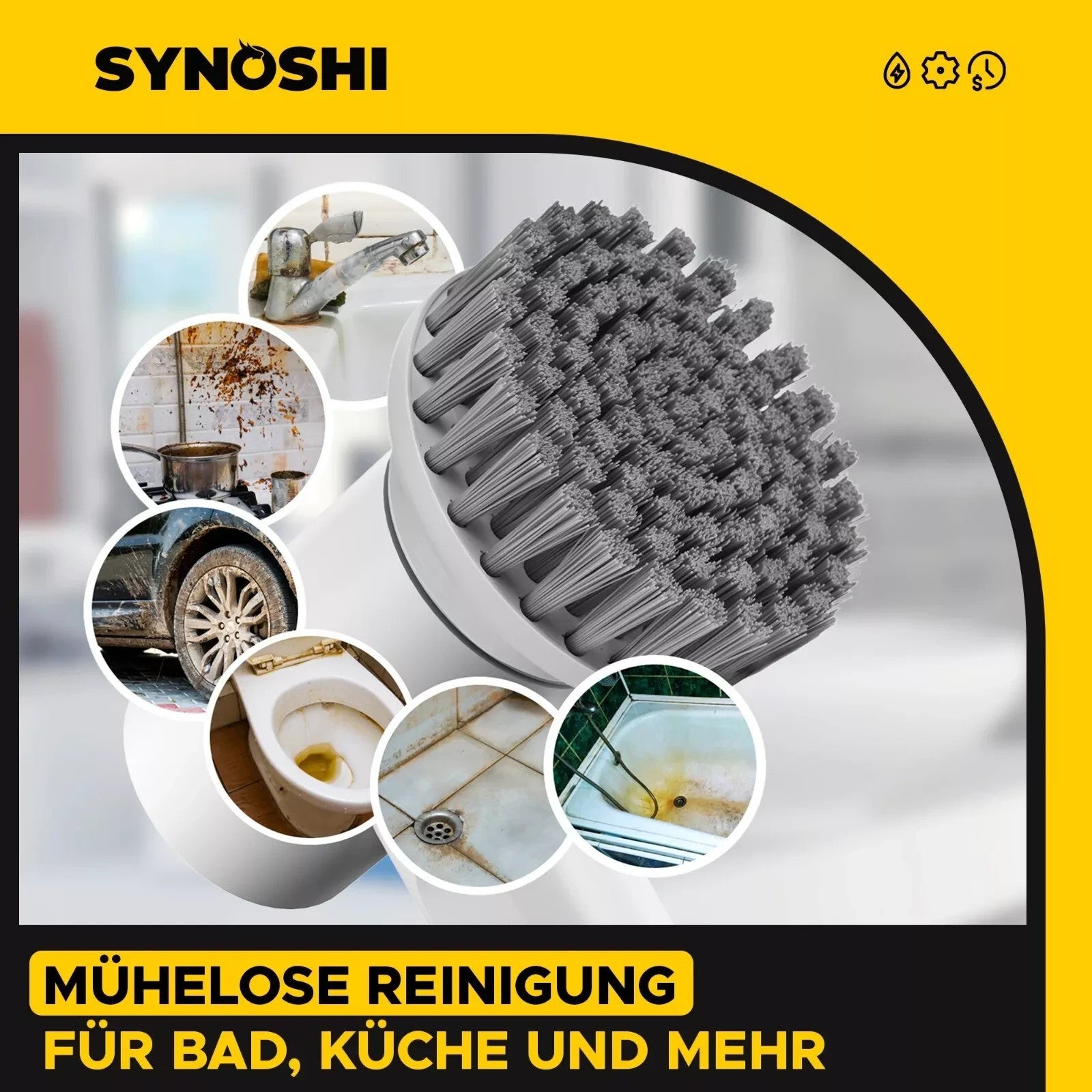 Synoshi Elektrische Reinigungsbürste Power Spin Scrubber 3 Bürstenaufsätze Akku