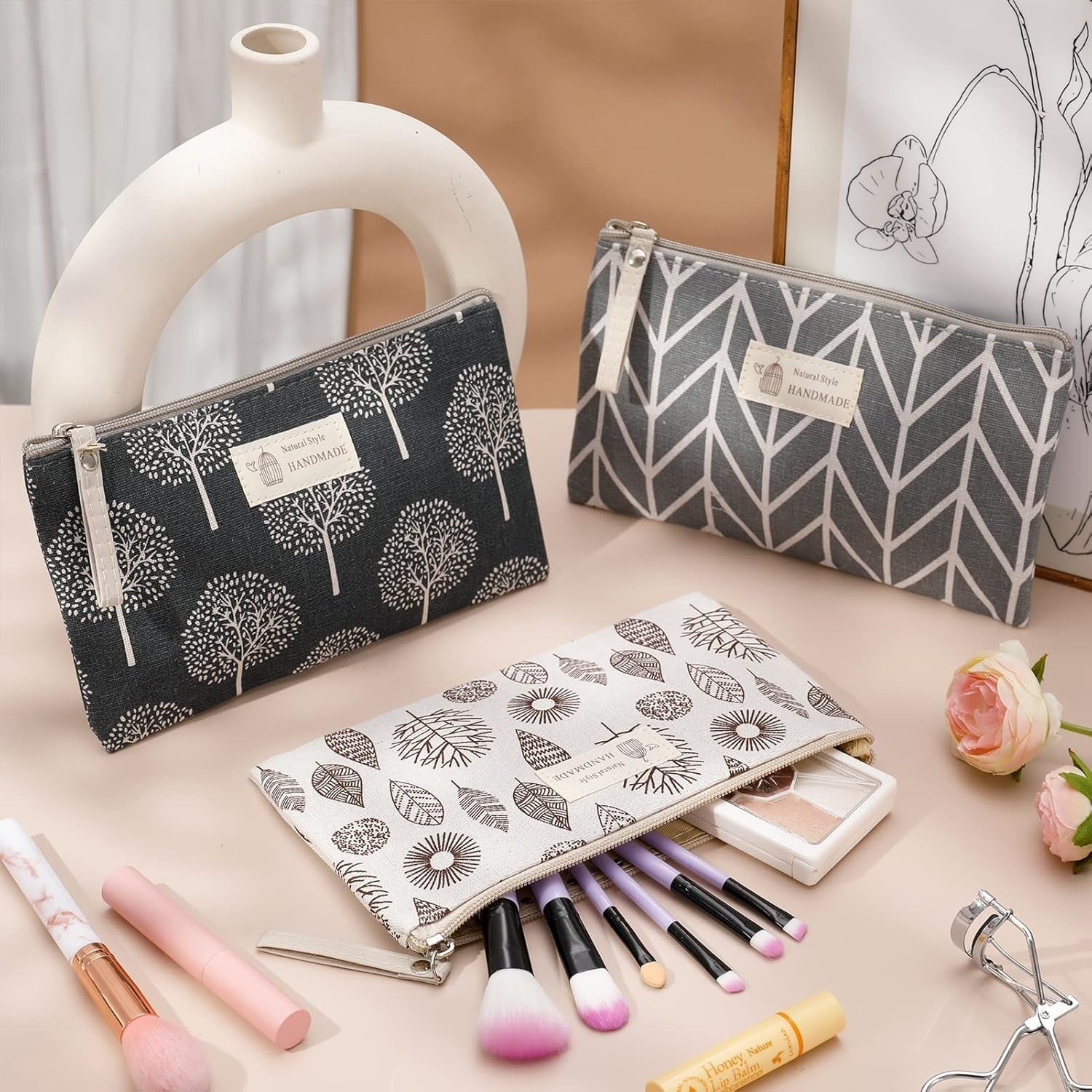 Kosmetiktasche Set Reise Waschtasche Make up Tasche Organizer Canvas 3er Set