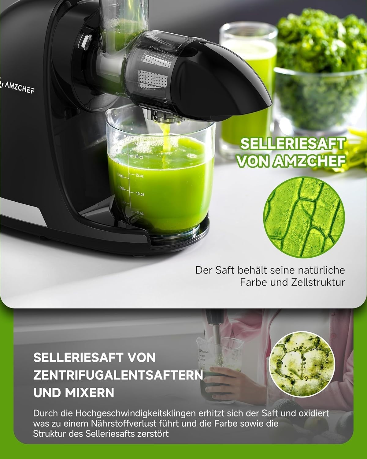AMZCHEF Slow Juicer ZM1501 Entsafter 4 in 1 mit Schneckentechnologie nährstoffschonend Edelstahlfilter für Obst und Gemüse klarer Saft