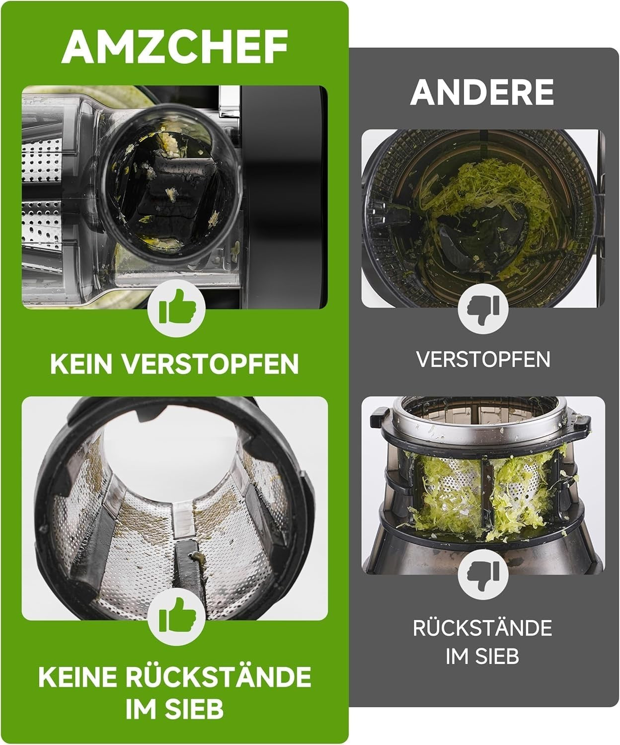 AMZCHEF Slow Juicer ZM1501 Entsafter 4 in 1 mit Schneckentechnologie nährstoffschonend Edelstahlfilter für Obst und Gemüse klarer Saft