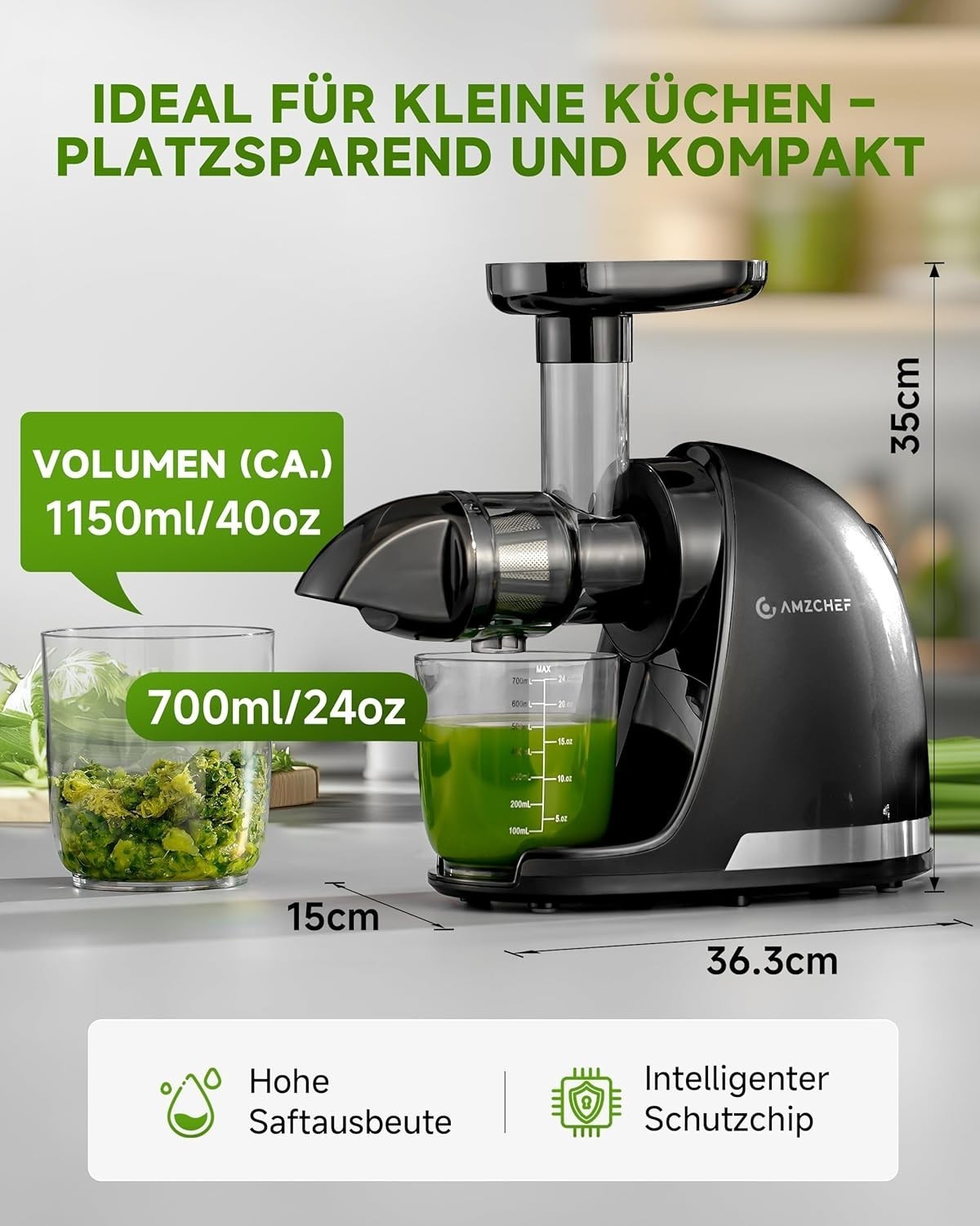 AMZCHEF Slow Juicer ZM1501 Entsafter 4 in 1 mit Schneckentechnologie nährstoffschonend Edelstahlfilter für Obst und Gemüse klarer Saft