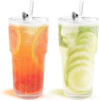 Eiskaffee Gläser 2er Set 600 ml mit Deckel & Strohhalm, transparente Glas Trinkgläser für Eistee, Wasser & Softdrinks
