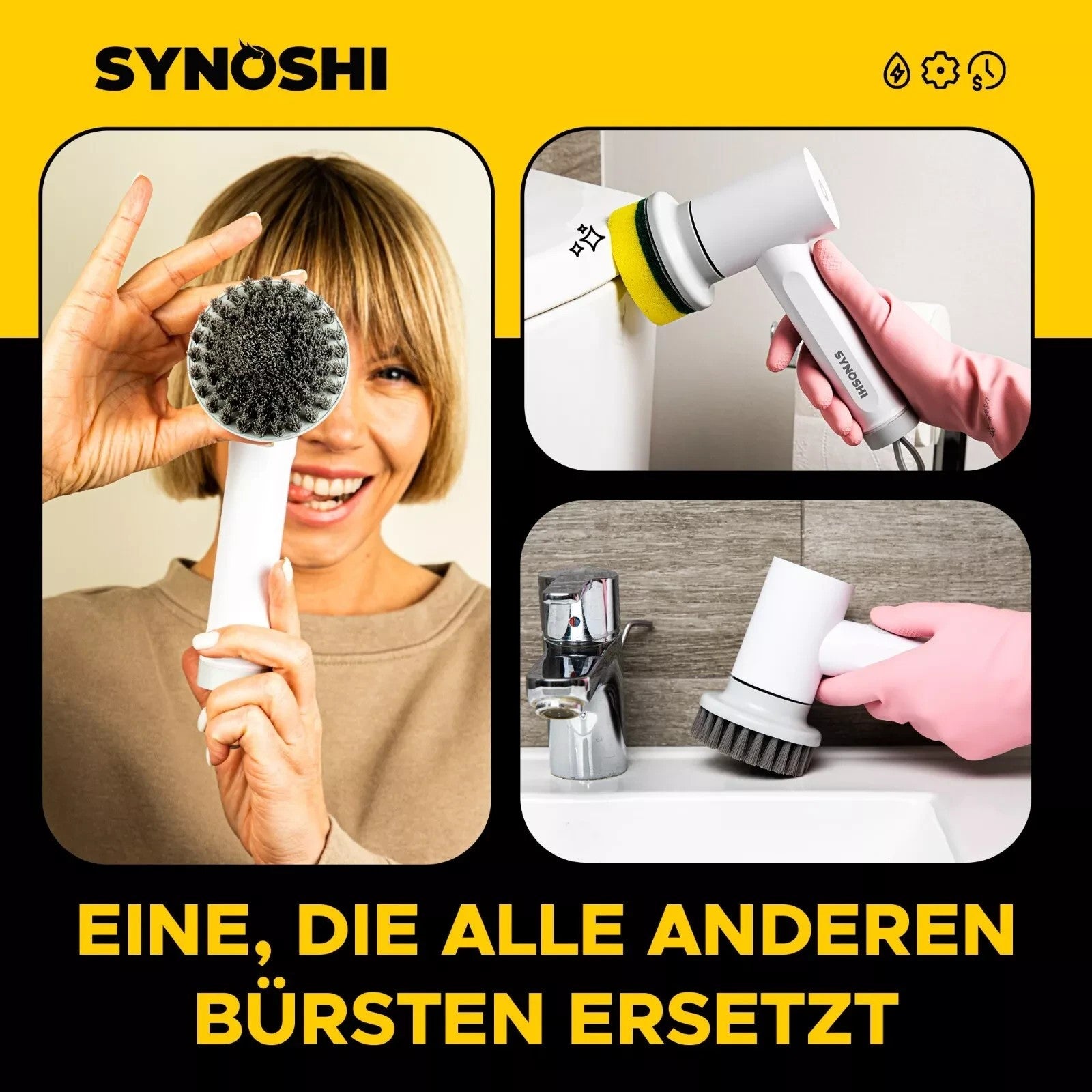 Synoshi Elektrische Reinigungsbürste Power Spin Scrubber 3 Bürstenaufsätze Akku