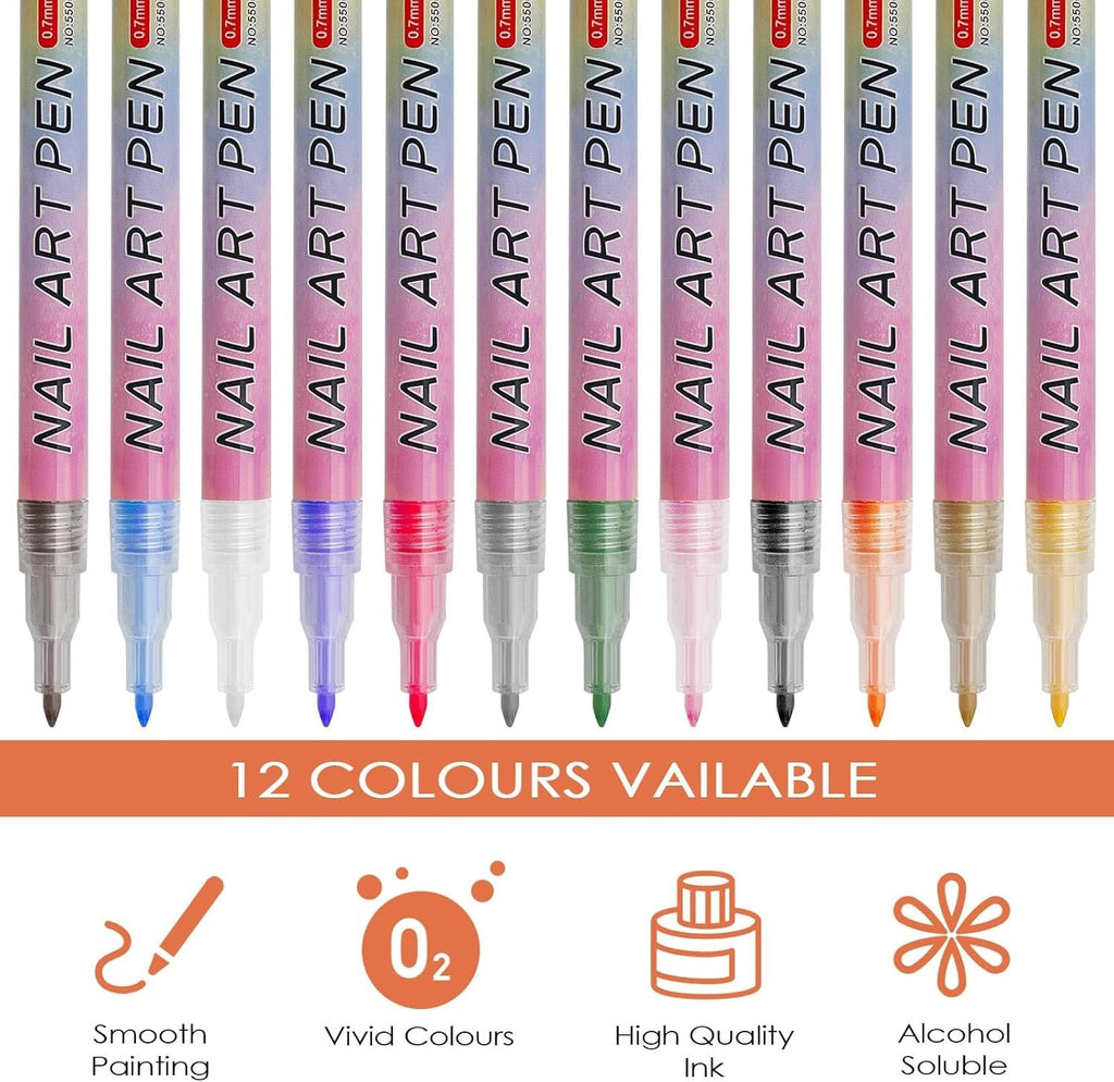 12x Nail Art Pen Set 3D Nageldesign Stifte DIY Maniküre Marker Nägel Farben