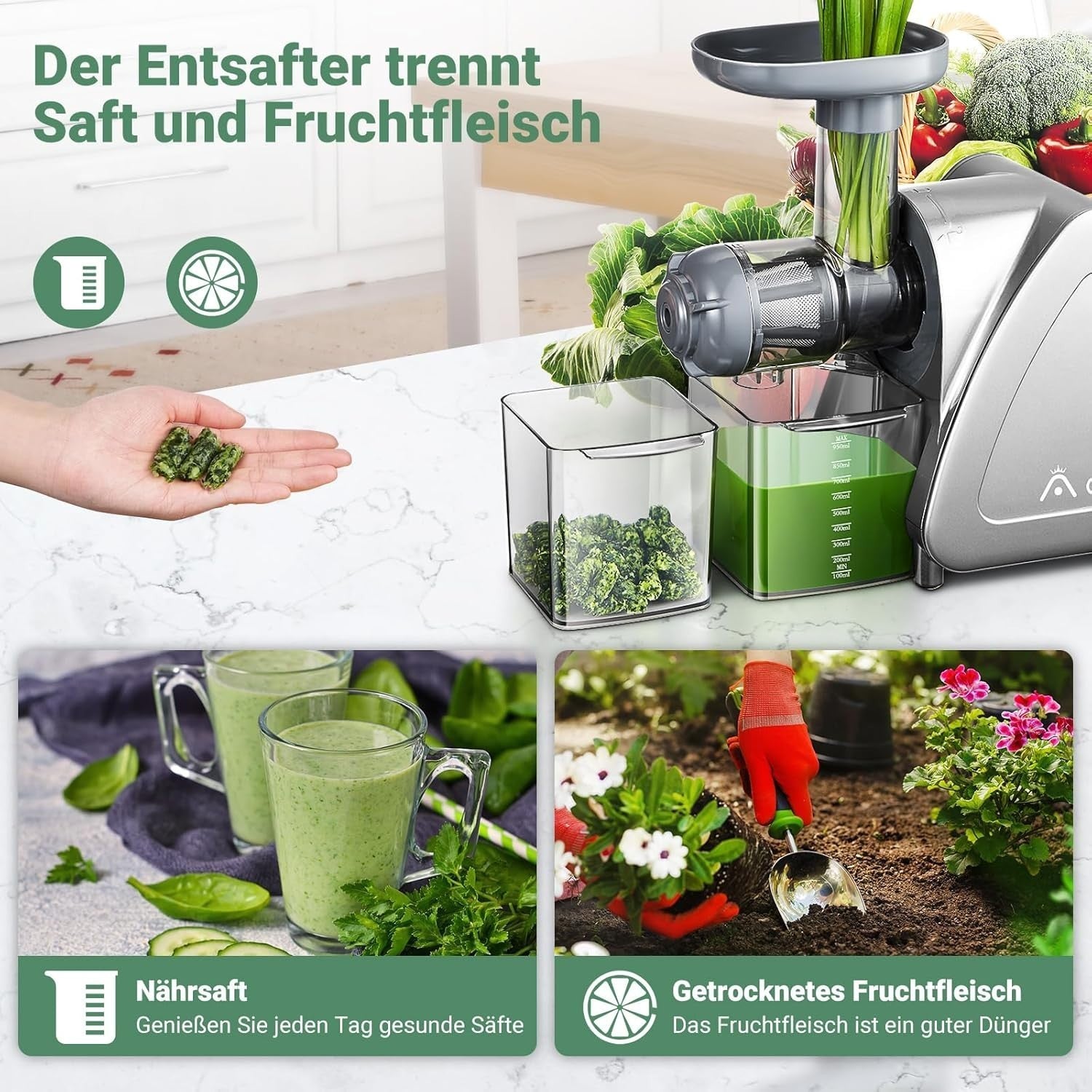 Aobosi Slow Juicer AMR520 Kaltentsafter mit 8-stufiger Schnecke 95 % Saftausbeute 55 mm Einfüllschacht leiser 150 W Motor BPA-frei für Obst und Gemüse