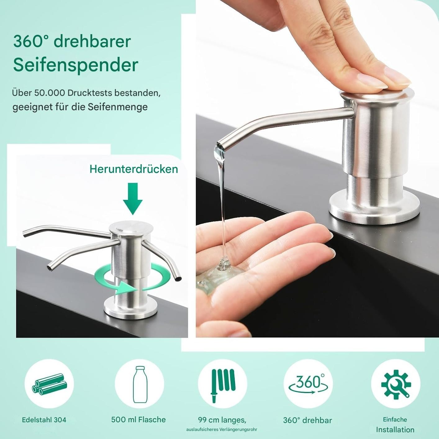 CREA Seifenspender Einbau Küche, Bad 500ml Flasche 1m Schlauch drehbar Edelstahl