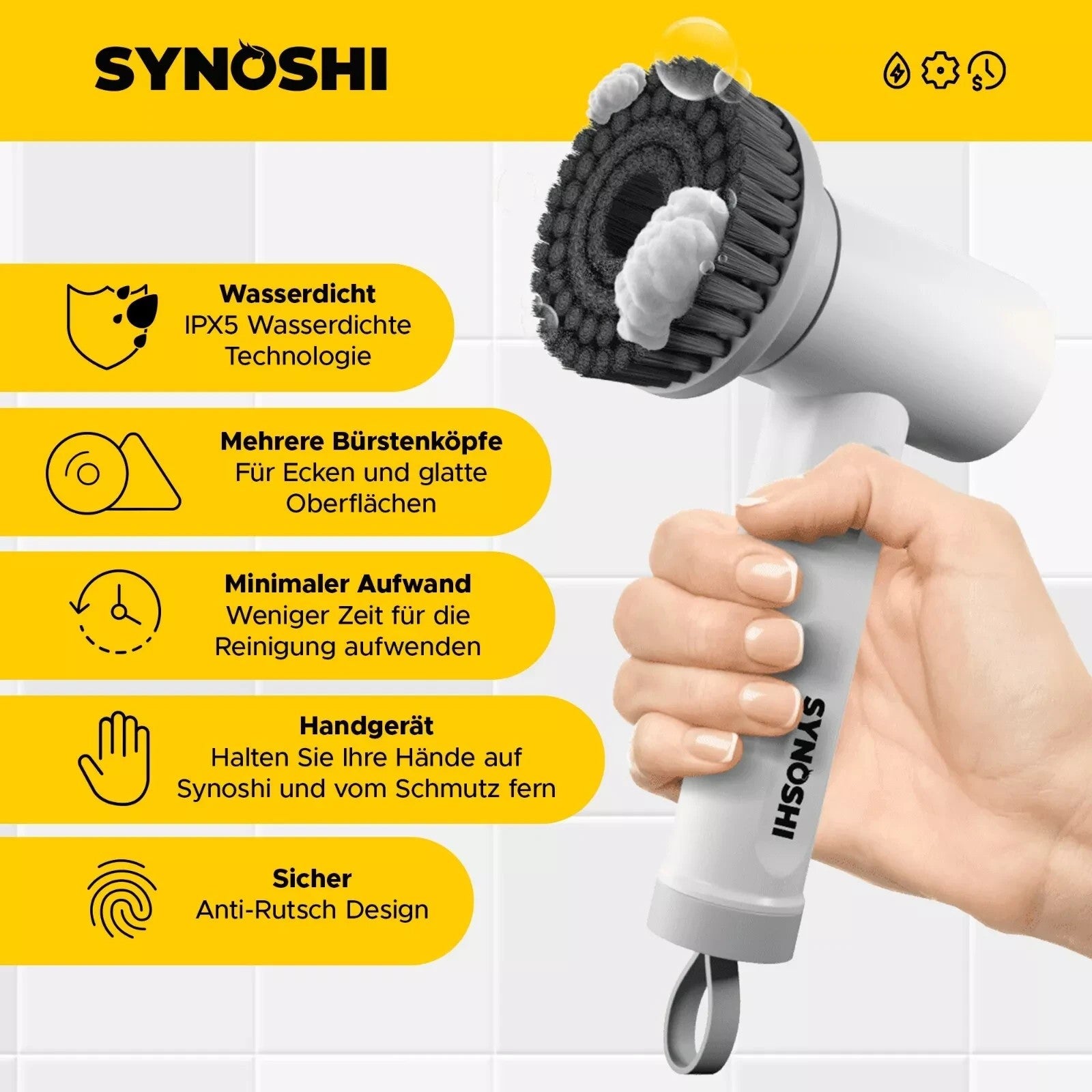 Synoshi Elektrische Reinigungsbürste Power Spin Scrubber 3 Bürstenaufsätze Akku