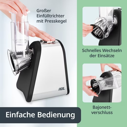 ADE Elektrische Küchenreibe Gemüseschneider Gemüsehobel Raspel 500W - 4 Einsätze