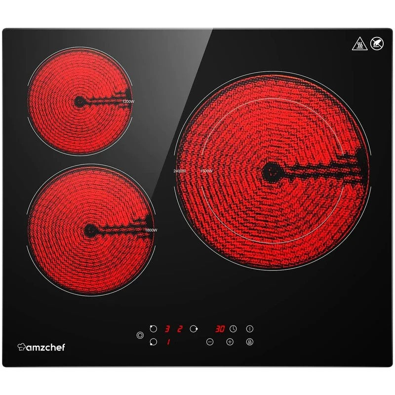 AMZCHEF Herdplatte 3 kochfelder Glaskeramikkochfeld 60cm 5400W mit 9 Stufen