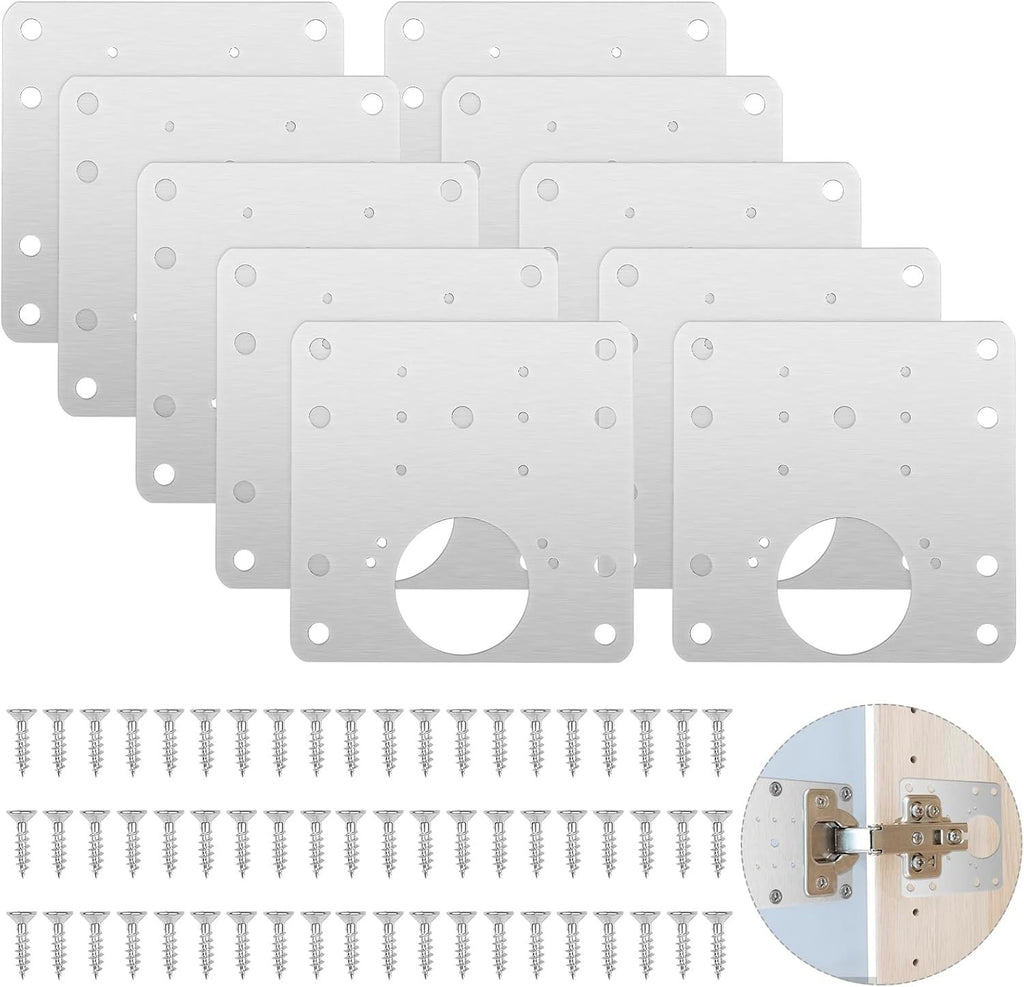 Scharnier Reparaturset 10 Stück 9 x 9 cm, Edelstahl 304 Reparaturplatten für Schrankscharniere, rostfrei & stabil, mit 60 Schrauben für Schranktüren und Möbelreparatur
