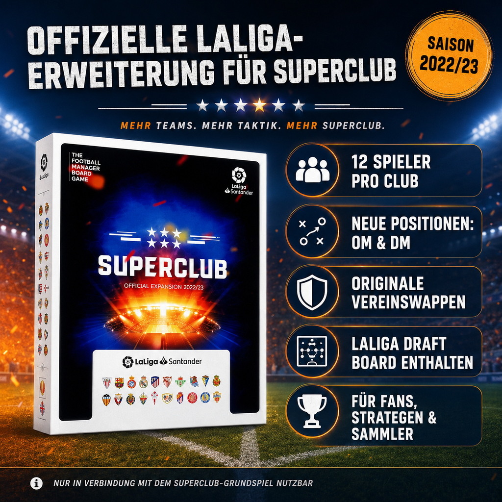 Superclub LaLiga Santander Erweiterung 2022/23 Brettspiel 240 Spielerkarten mit Draft Board zweisprachig Englisch Spanisch offiziell lizenziert kompatibel Fußball Manager